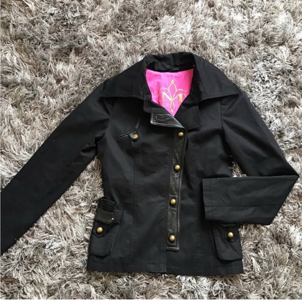 Mackage Black Utility Jacket with leather trim and Pink Lining